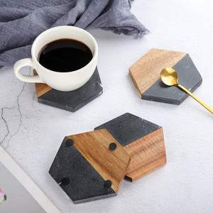 Posavasos de Madera y Mármol Negro para Bebidas, Juego de Posavasos Hexagonales de Acacia Rústicos Modernos, Posavasos Decorativos para Bar, Posavasos de Madera para Mesa de Café - Product Image 1