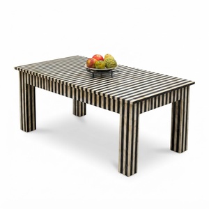 Table basse ronde en os incrusté, bleu et blanc rayé, faite à la main, avec motif géométrique, écologique et personnalisable - Product Image 3