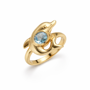 Anillo de delfín de latón chapado en oro con topacio azul engastado en bisel, joyería de diseño inspirada en el océano para mujer, regalo. - Product Image 1