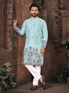 Men's Light Blue Embroidered Kurta Set with White <b>Pants</b> Traditional Indian Pakistani Wedding Wear Regular Fit Knee-Length - Product Image 3