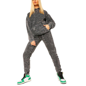 Nouvel ensemble de survêtement décontracté pour femme, coupe ample, couleur unie, respirant, avec sweat à capuche et pantalon de jogging, effet délavé à l'acide - Product Image 1