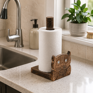 Porte-serviettes en papier en bois sculpté à la main en forme de hibou, support de rouleau de cuisine moderne sur pied, organisateur décoratif de comptoir pour usage domestique - Product Image 4
