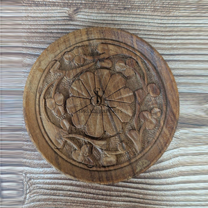 Hand-Carved Wooden <b>Coaster</b> <b>Set</b> With Stand. Antique Floral Embossed Design Round Shape Drink Mats For Rustic Table Decoration - Product Image 5