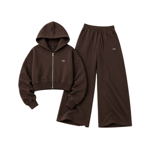 Women's <b>Cropped</b> <b>Zip</b> <b>Up</b> Hoodie & Ultra Wide Leg Sweatpants 2-Piece Matching Sets Wholesale Custom Logo Cotton Fleece Casualwear - Product Image 5