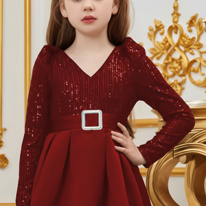 Vestido de niña con lentejuelas y cuello en V, bordado de terciopelo, manga larga, para fiesta formal, precio de fábrica, para minoristas B2B - Product Image 5