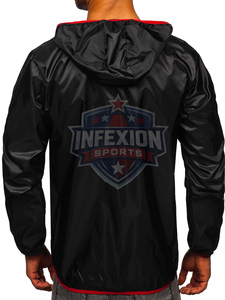 Men's Black Hooded Windproof Racer <b>Jacket</b> With Red Zipper And Trim Sporty Style Autumn Wear - Product Image 2