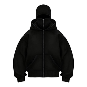Sudadera con capucha tipo balaclava ninja para hombre, personalizada, de color liso, estilo urbano, con bordado de gran tamaño y diseño de máscara facial. - Product Image 1