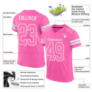 Maillot de football américain rose pour femme, col en V, manches courtes, maille respirante, impression sublimée, nom de l'équipe, confortable, séchage rapide - Product Image 2