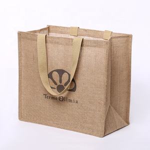 Wholesale Cheap Reusable Custom Logo Printed Grocery <b>Shopping</b> Tote Jute <b>Bag</b> with <b>Leather</b> Handle Large Hemp Burlap - Product Image 1