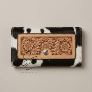 Cartera de mano de cuero negro repujado para mujer, estilo vaquero occidental, con pelo de vaca, personalizada OEM - Product Image 2