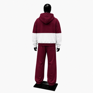 Maroon White Color Block Tracksuit Men <b>Full</b> <b>Zip</b> <b>Hoodie</b> With Matching Jogger Pants Premium Two Piece Sports Outfit Modern Casual - Product Image 2