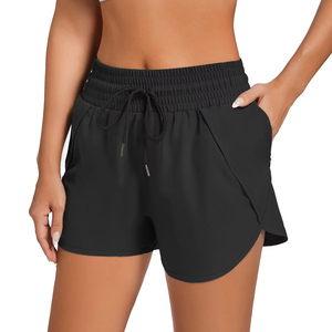 Shorts de sport d'été taille mi-haute pour femme en polyester avec cordon de serrage, élastiques, respirants, anti-transpiration, motif tendance, poches, style sportif - En promotion - Product Image 2