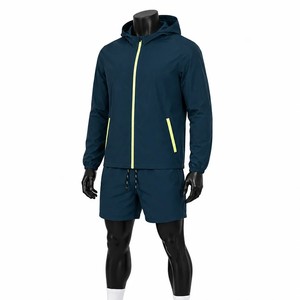 Navy Blue Hooded <b>Windbreaker</b> Jacket Set With Zipper And Pockets Water Resistant <b>Windbreaker</b> Short Sets - Product Image 1