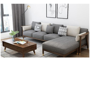 Elegant L-Shaped Dark Grey Fabric <b>Sofa</b> Featuring Solid <b>Wood</b> <b>Frame</b> and Minimalist Coffee Table for Modern Living Room Decor - Product Image 2