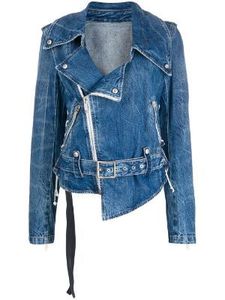 Blouson moto en jean bleu pour femme, manches longues, col rabattable, fermeture éclair, couleur unie, automne, longueur standard - Product Image 4