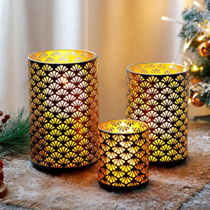 Matte Black And Gold Metal <b>Lanterns</b> With Scallop Laser Cut Pattern <b>Set</b> Of 3 Cylindrical Votive Holder For Festive Ambiance - Product Image 1