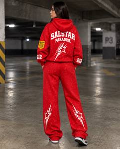 Premium Custom 2 Piece Tracksuit Set for Men <b>Red</b> Streetwear <b>Hoodie</b> Custom Rhinestone Printed Sportswear Tracksuit Manufacturers - Product Image 4
