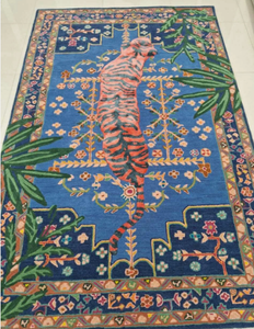 Tapis à nœuds, tapis oriental en laine, motif tigre bleu, tufté à la main, rectangulaire, pour salon, à poils moyens, avec support en coton - Product Image 3