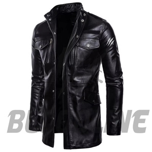 Men's Black PU <b>Leather</b> Moto <b>Jacket</b> Slim Fit Stand Collar Zipper Closure <b>Long</b> Sleeve Solid Color Autumn Wear - Product Image 1