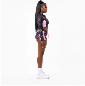 Conjunto de dos piezas de mujer con estampado de lunares, top corto con cremallera de manga larga y pantalones cortos, chándal con chaqueta corta y pantalones cortos, superventas. - Product Image 2