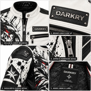 DARKRY Chaqueta de moto para hombre, de cuero sintético, con cuello alto, estampado de anime en blanco y negro, corte ajustado, estilo motero - Product Image 6