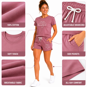 Women's Purple Cotton T-Shirt & Shorts Set With Inspirational Print Breathable Pullover Tops And Drawstring Shorts For Adults - Product Image 6