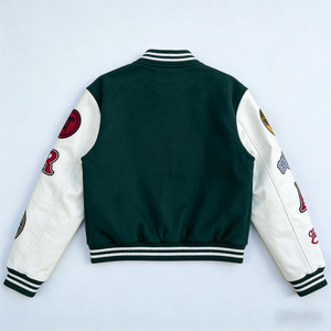 Women’s Cropped Bomber Varsity <b>Jacket</b> OEM <b>Leather</b> Sleeves with Custom Embroidery Logo, Baseball Style - Product Image 4