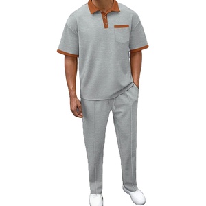 2025 été nouveaux hommes couleur unie col gaufré décontracté poche polo à manches courtes pantalon costume - Product Image 2