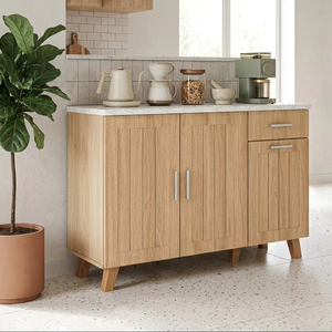 Mueble de Cocina Moderno Essence K411(L) de Aglomerado y MDF, Encimera de Melamina Blanco Roble y Mármol, Cajón, Estante para Panadería, Soporte para Microondas - Product Image 1