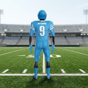 Maquette d'uniforme de football américain sublimé bleu électrique personnalisé, comprenant un maillot numéro 9 et un pantalon assorti. - Product Image 6