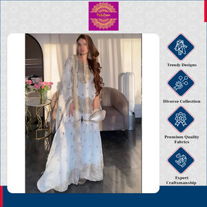 Atractivo Conjunto de Ropa Tradicional India de Alta Calidad en Color Blanco Dorado, Top de Chinon Pesado, Sharara, Palazzo y Dupatta para Mujer - Product Image 3