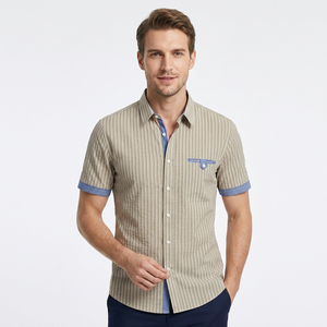 Camisa Casual de Manga Corta a Rayas para Hombre, Cuello Clásico, Tela Popelina Transpirable, Estilo Veraniego, Blanca, Holgada, con un Solo Botón, 140g - Product Image 2