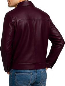 <b>Men's</b> Burgundy PU Leather Bomber <b>Jacket</b> Slim Fit Zip-Up Classic Casual Autumn/Winter Outerwear - Product Image 3