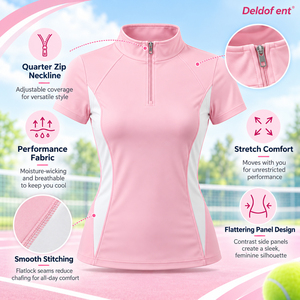 Haut de tennis rose à col zippé pour femme, manches courtes, col montant, colorblock, séchage rapide, respirant, pour entraînement sportif, vente en gros - Product Image 5