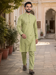 Custom <b>Mens</b> Olive <b>Kurta</b> Pajama Set Mandarin Collar Casual Festive Ethnic Suit Indian Haldi Mehendi Wear <b>Mens</b> Manufacturer - Product Image 3