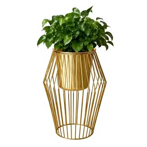 Pot de fleurs en métal doré avec support en cage métallique, pot de fleurs moderne pour salon, balcon, jardin, décoration de la maison - Product Image 1