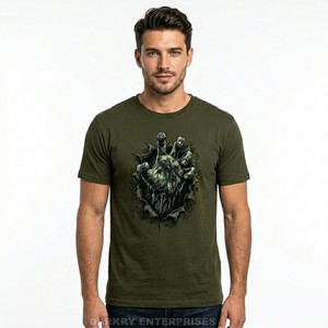 Camiseta de hombre personalizada al por mayor, estilo 3D, con gráfico de mano de zombie rasgada, camiseta de algodón verde oliva, camiseta de moda urbana de terror para hombre - Product Image 1