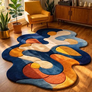 Blue Abstract Area Rug Irregular Shape Modern Artistic Hand Tufted Carpet Multicolor Designer Rug for Living Room Bedroom Decor - Product Image 4