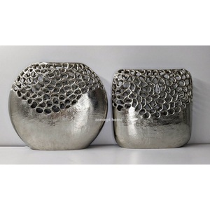 Modern Egg Shape <b>Set</b> of 2 Metal Handmade Decorative Flower <b>Vase</b> and Pots Gold and Silver Color Tabletop and Flooring - Product Image 2