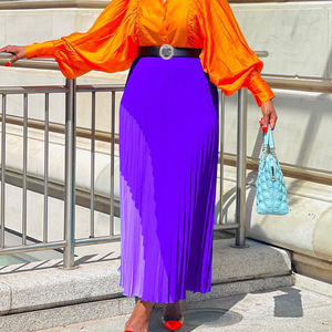 Jupe longue plissée évasée pour femme, style élégant en mousseline de soie avec blocs de couleur, ceinture taille haute, toutes saisons, grandes tailles, Afrique - Product Image 5