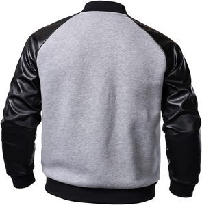Veste universitaire homme gris et noir avec manches en cuir PU, col rabattu, simple boutonnage, style décontracté pour l'automne - Product Image 2