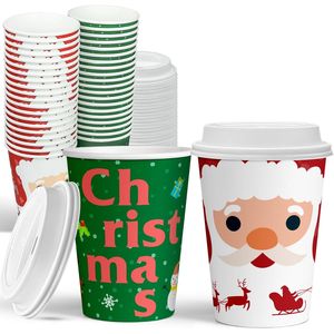 Bicchieri di Carta Natalizi da 12 oz con Coperchi, Design Babbo Natale per Cioccolata Calda e Cioccolato, Bicchieri Usa e Getta per le Festività - Product Image 1