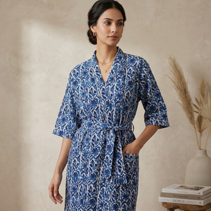 Robe kimono en coton bleu et blanc à fleurs pour femme, coupe ample, vêtement de détente, peignoir, col en V, ceinture, tenue décontractée d'été - Product Image 2