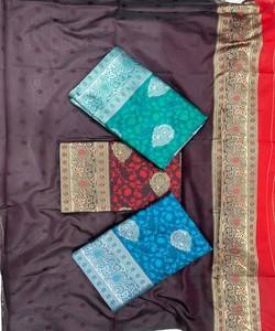 Sari de Seda Color Turquesa con Borde Plateado, Estilo Banarasi, para Bodas Tradicionales Indias, Largo hasta el Suelo, para Mujer - Product Image 5