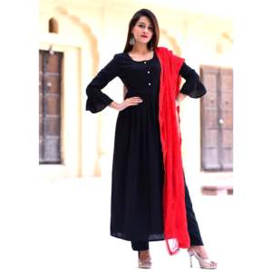 Beautiful Black Casual Kurta Set with Kashmiri <b>Red</b> Dupatta XS Size Rayon <b>Material</b> for India & Pakistan - Product Image 6