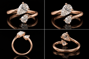 Bague de fiançailles Toi et Moi en or massif 14 carats avec diamant de laboratoire taille poire, style bypass, pour mariage et anniversaire, bijoux minimalistes personnalisés - Product Image 3