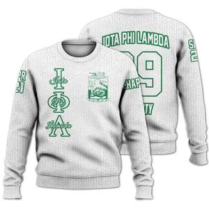 Suéter de punto tipo chaqueta universitaria blanca de Iota Phi Lambda, personalizado con el capítulo y el escudo para miembros de la hermandad Iota Phi Lambda. - Product Image 3