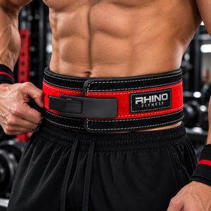 Ceinture de musculation Rhino Fitness rouge et noire, réglable, en cuir, enveloppante, pour soutien lombaire - Product Image 3