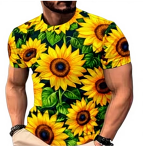 T-shirt à manches courtes pour homme, col rond, imprimé floral tournesol, coupe ajustée, vêtement décontracté, tissu en polyester respirant, chemise élégante - Product Image 1