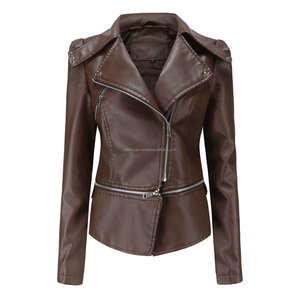 Chaqueta de cuero de motorista con dobladillo desmontable marrón para mujer, abrigo ajustado de manga larga con cierre de cremallera, elegante cuello de solapa transpirable - Product Image 4